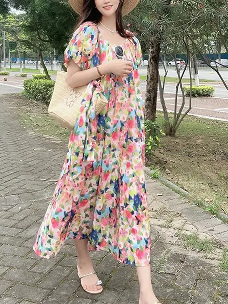 Basic Casual Dresses Wommen Print ONeck Loose Dress 2023 Summer Fashion Puff Sleeve ALine Beach Style Robe Lady 230612