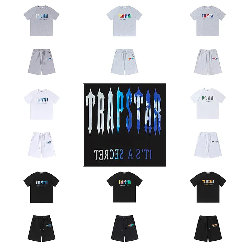 Camisetas masculinas trapstar agasalhos camiseta de grife bordado carta luxo preto branco cinza cor do arco-íris esportes de verão moda algodão cordão top manga curta