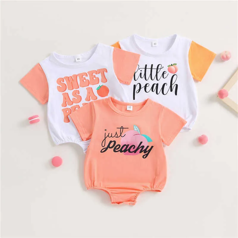 Jumpsuits Newborn baby boy girl cotton letter peach printed short sleeved crew neckline jumpsuit summer casual clothing G220606