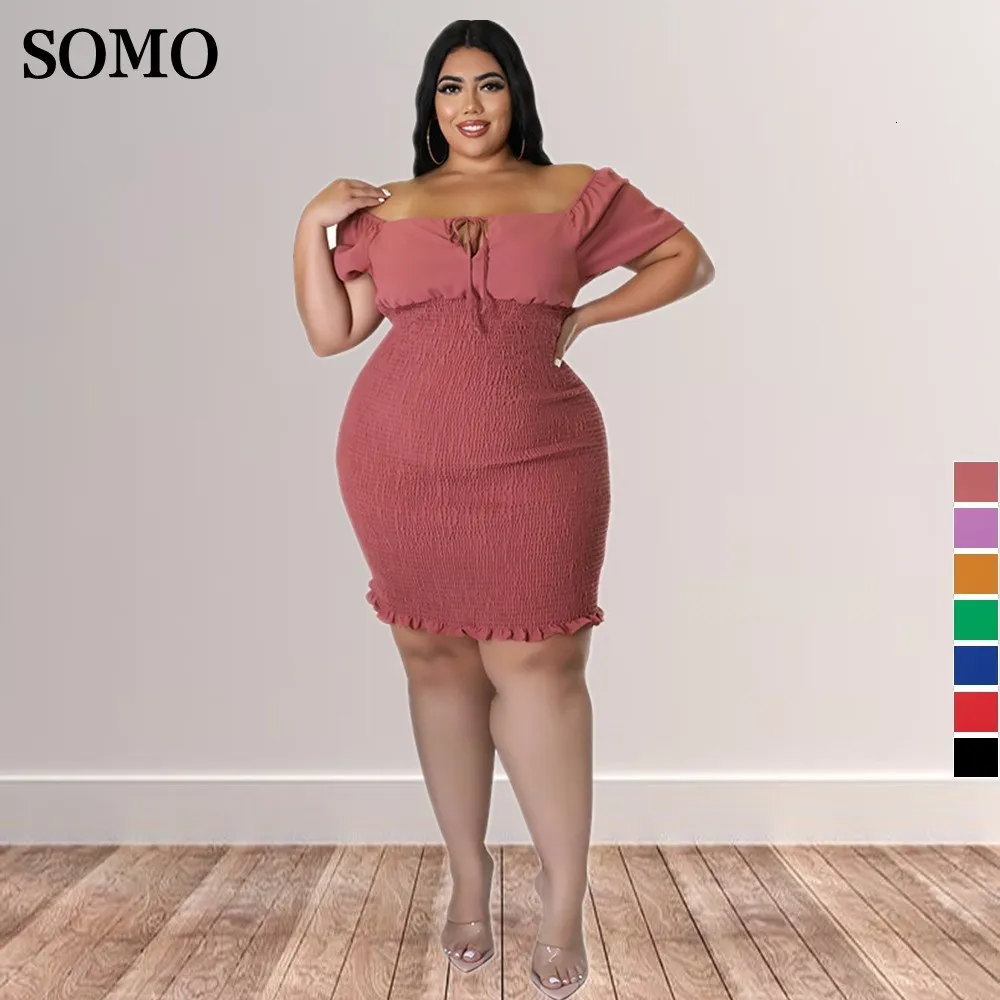 Plus size Dresses Summer Clothes Sexy Solid Color Size for Women One Word Collar Mini Dress Hip Wrap Clubwear Wholesale Drop 230612