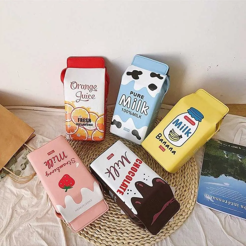 Totes Nette Milch Box Frauen Schulter Tasche Designer Trinken Cartoon Druck Umhängetaschen für Frauen 2021 Harajuku Kleine Münze Geldbörsen mädchen