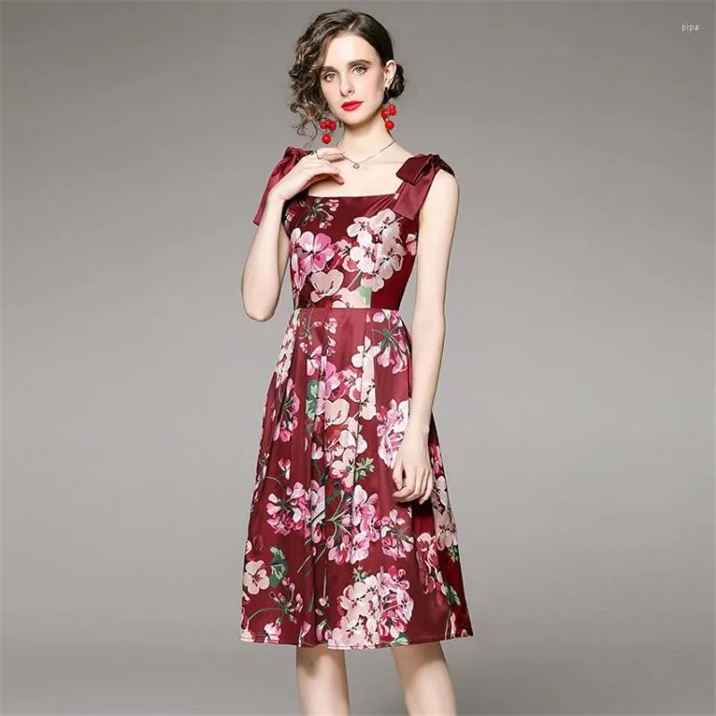 Sukienki swobodne kobiety Summer Vintage Designer Sukienka Runway Wysokiej jakości impreza Elegancka elegancka linia drukowana midi damskie szatę