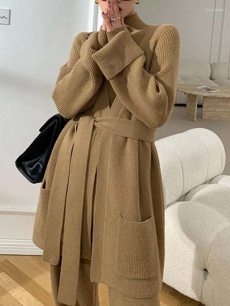 Women's Two Piece Pants Fashion Winter Knitted Sweater Women Set Three Thick Coat With Lazy Wind Wide Leg Solid Pieces