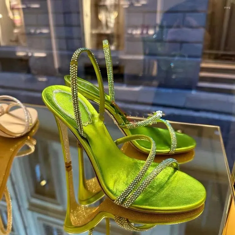 Sandálias Verde Cristal Cruz Feminino Marca Simples Alça Salto Agulha Brilhante Sexy Banquete Slingback Casual Alto