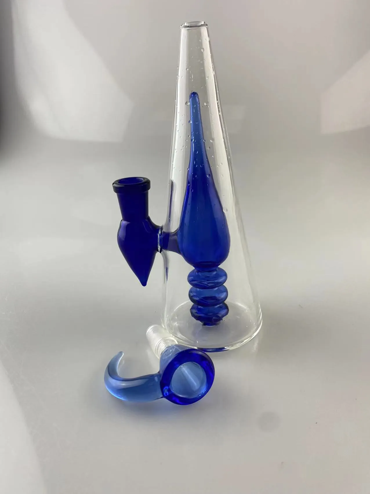Verre clair et bleu narguilé DAB rig ensemble de fumer pipe 14mm joint bong ajouter un bol en corne de même couleur