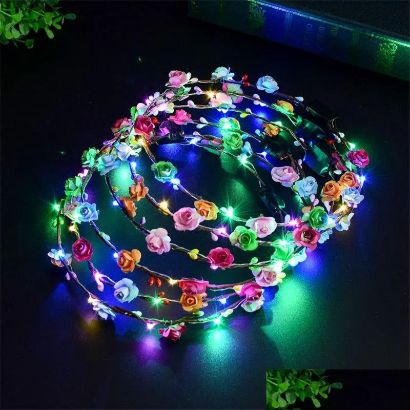 Coroas de flores decorativas Piscando Led Hairbands Cordas Glow Flower Headbands Light Party Rave Floral Hair Garland Luminou Dhjf4