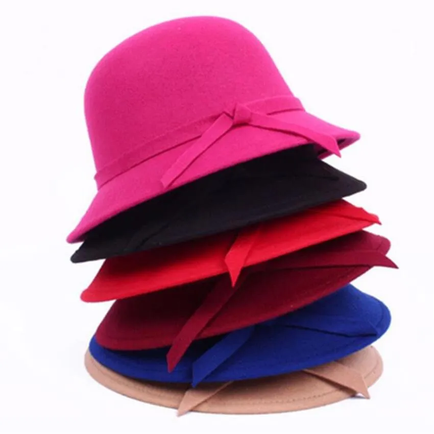 Hiver femmes solide laine feutre Cloche chapeaux 2019 nouveaux Fedoras Vintage Western seau chapeaux 6 couleurs chaud femme melon Hats217i