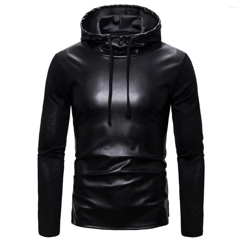 Men's Hoodies Men's Long Sleeved Patchwork Leather T-shirt Hooded And Personalized 2023 Autumn Trend Sports Shirt Harajuku