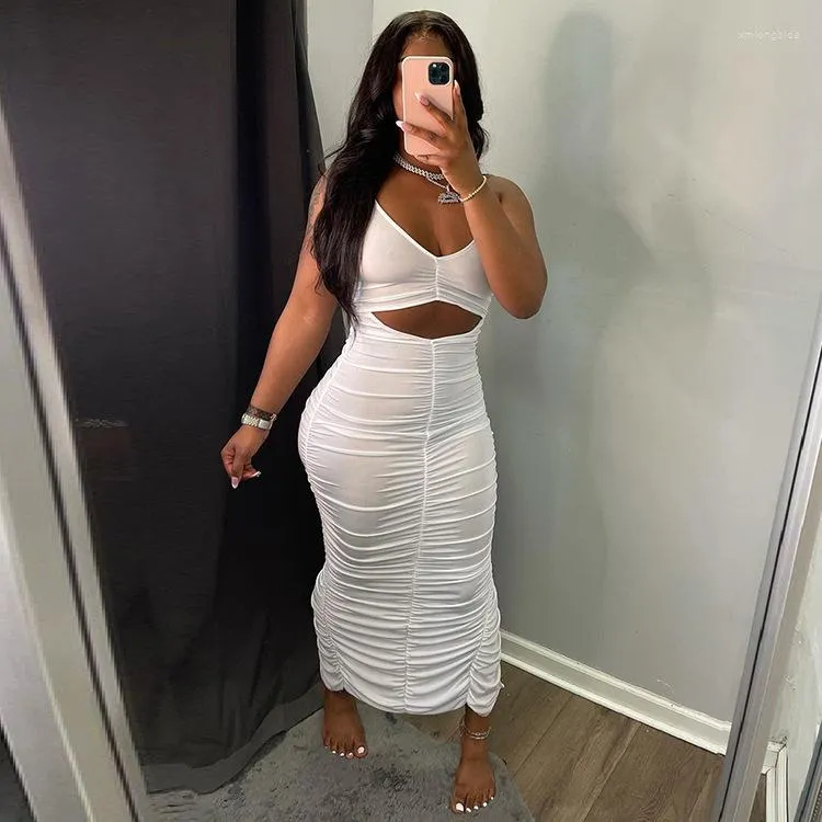 strapless open back dress Summer Social Stain Pleated Cutout Waist Loose Midi Dress – prettylilygal
