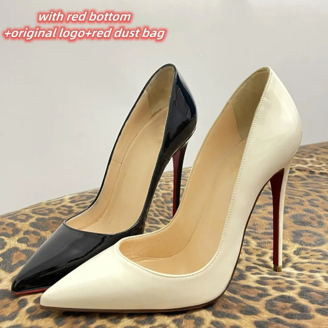 Été Dames Designer Talons Hauts Rouge Semelle Brillante 8cm 10cm 12cm Talon Aiguille Noir Nude Cuir Verni Dames Bouche Peu Profonde Boîte De Sangle De Chaussure De Mariage 34-44