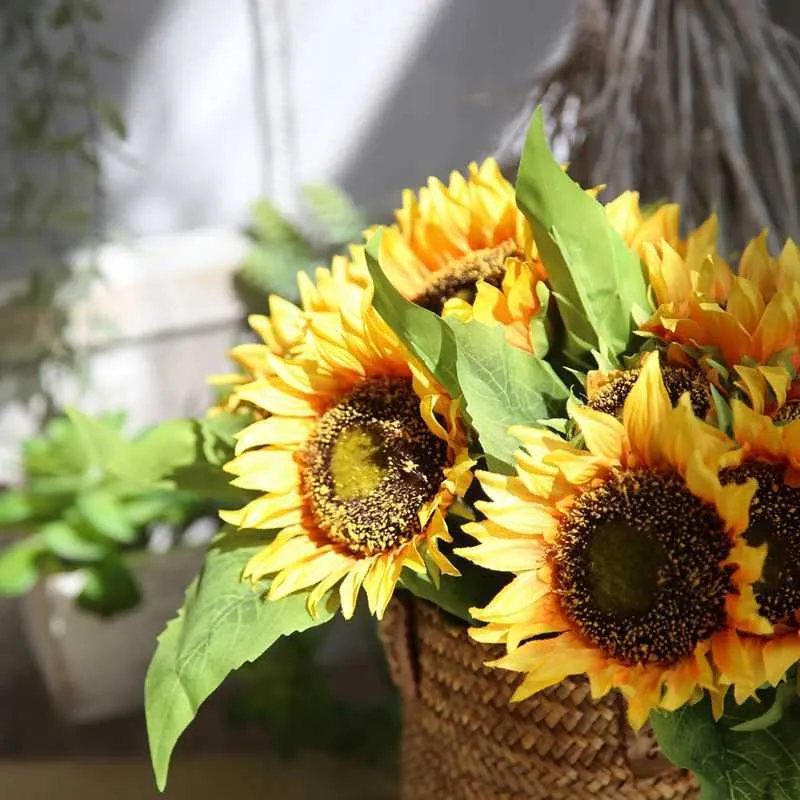 Dried Flowers 35cm Sunflower Bouquet Yellow Silk Artificial for Home Office Party Garden Hotel Wedding Decoration