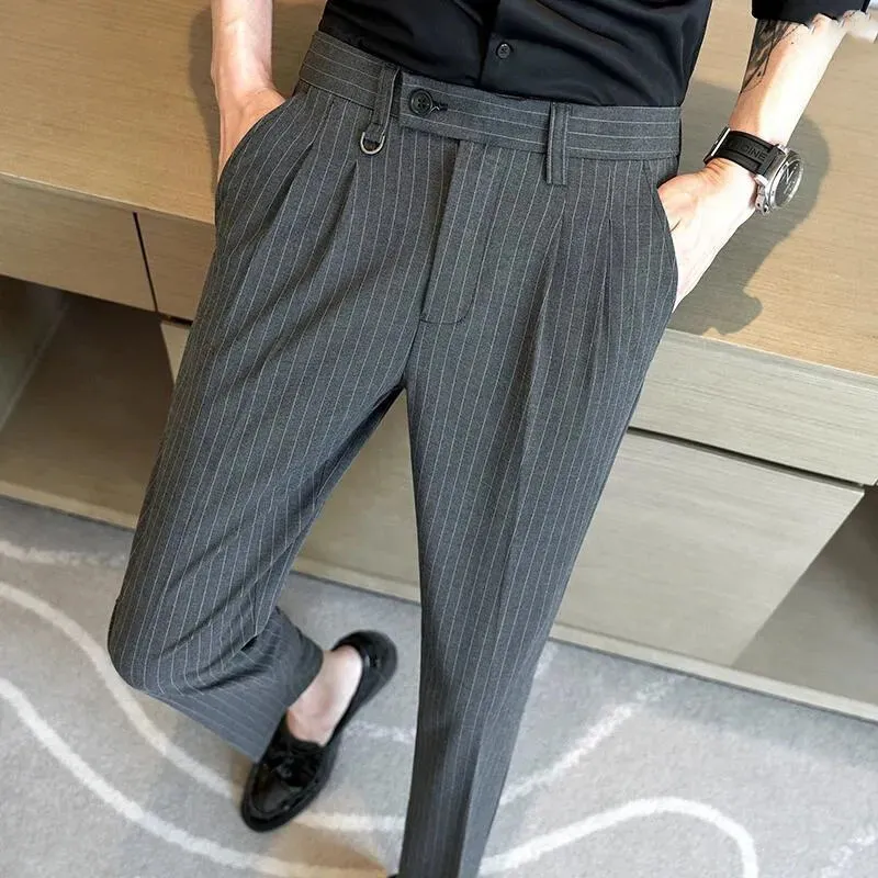 Męskie spodnie 2023 Sumped Striped Suit męski Fit Długość kostki Prosta Elasti Casual Fashion Business Social Dress Pant