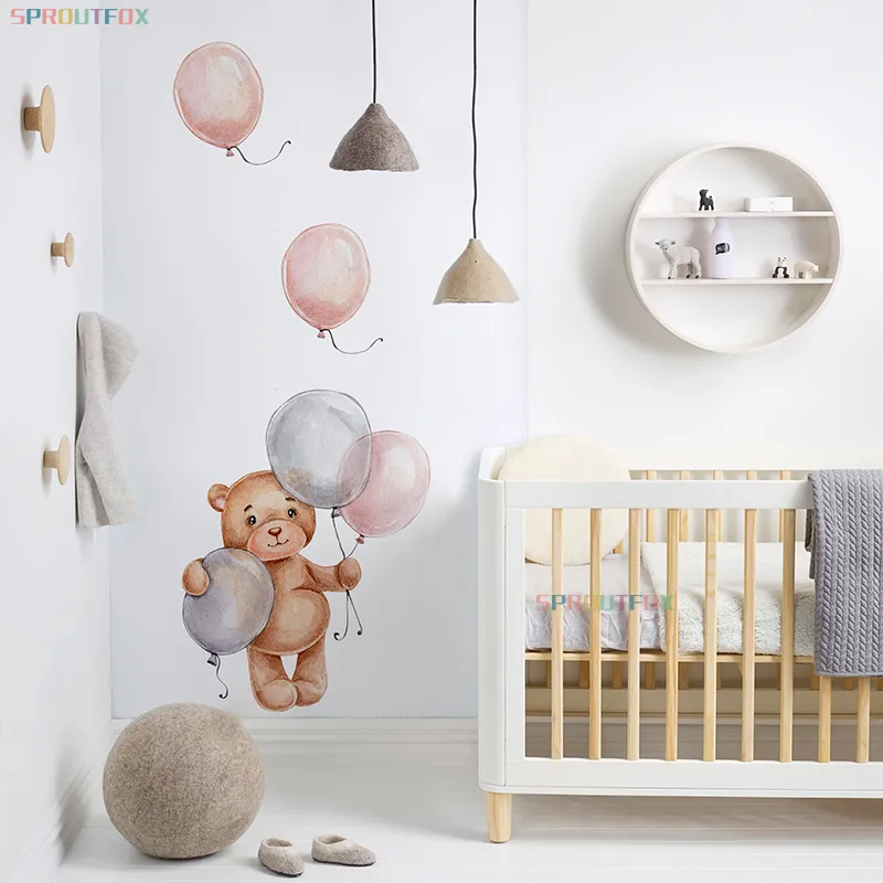 Cartoon Cute Bear with Air Ballons Wall Stickers for Baby Nursery Room Kids Decoration Watercolour Wall Decals Nordic