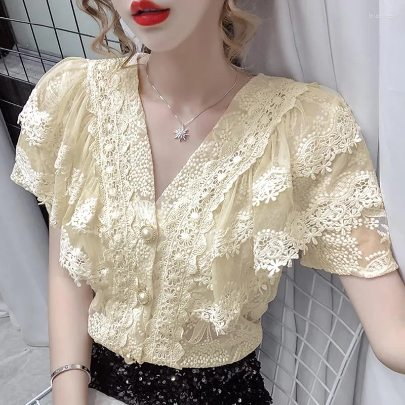 Vrouwen Blouses 2023 Zomer Tops Ruches Kanten Shirt Vrouwen Korte Mouw V-hals Elegante Blouse Vrouw Mode Vintage Gehaakte Blusas 14175