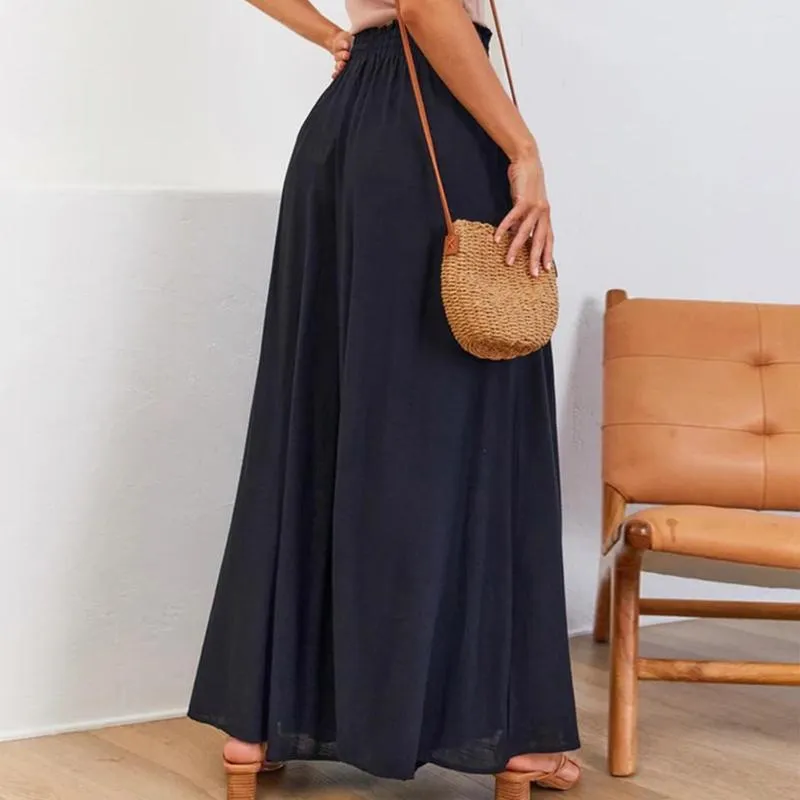 Women's Pants Women Wide Leg Solid Color Ladies Summer Trousers Elastic Waist Elegant Loose Bohemian Style Office Lady Suit