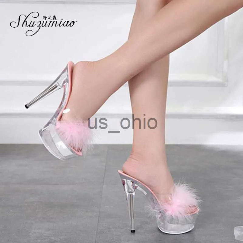 Pantoufles Shuzumiao Chaussures Femmes 2020 Fourrure Sexy Pantoufles À Talons Hauts 15cm Fine Avec Étanche Plate-Forme Sandales Cristal Chaussures Banquet De Mariage J230612