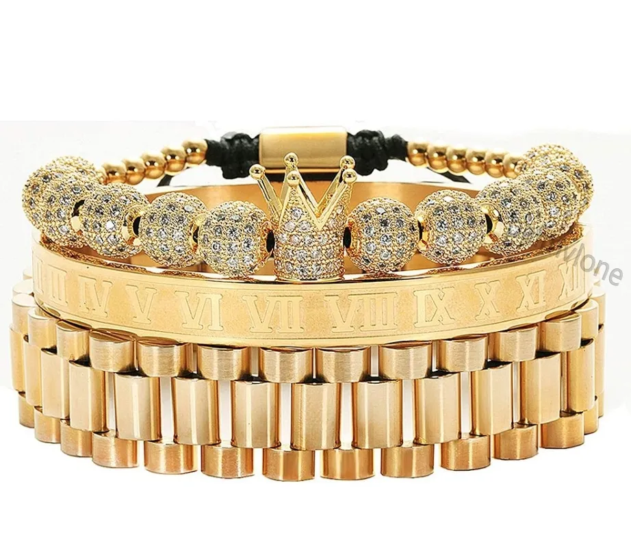 NOVO 3 pçs/conjunto Coroa Imperial King Mens Pulseira Pave CZ Pulseiras de Ouro para Homens Charme de Luxo Moda Manguito Pulseira Jóias de Aniversário Pulseiras masculinas