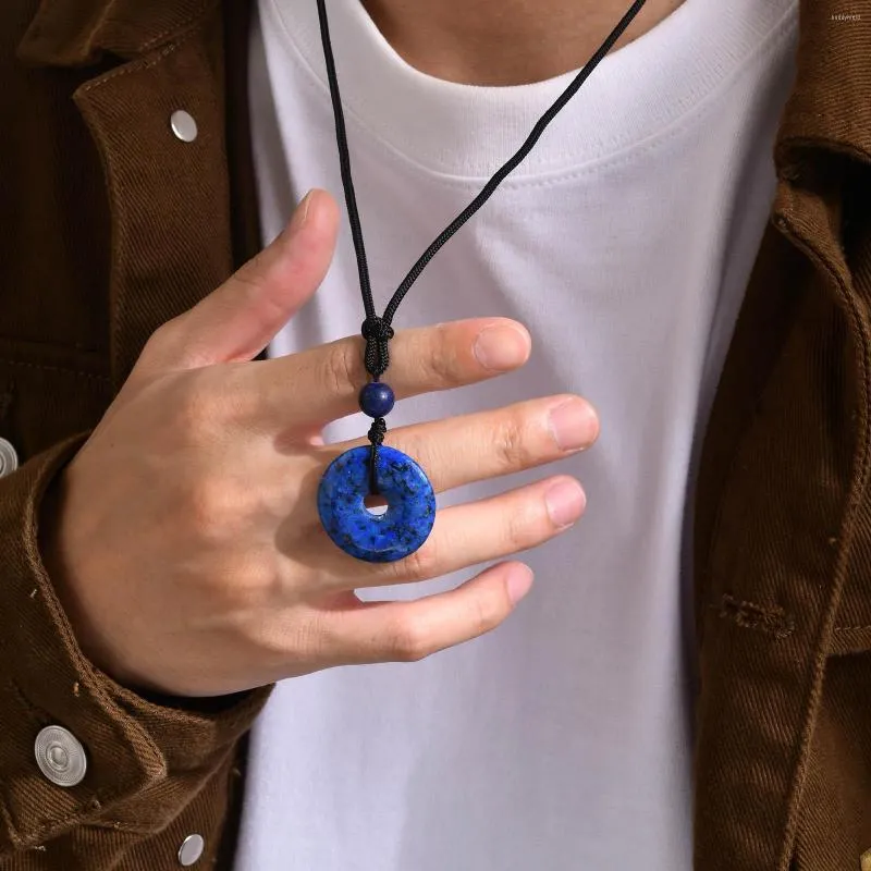 Pendant Necklaces Retro Circle Nature Stone Agate 30mm Amulet Lucky For Men Gifts Jewelry Lapis Lazuli Clasp Necklace Rope Chain