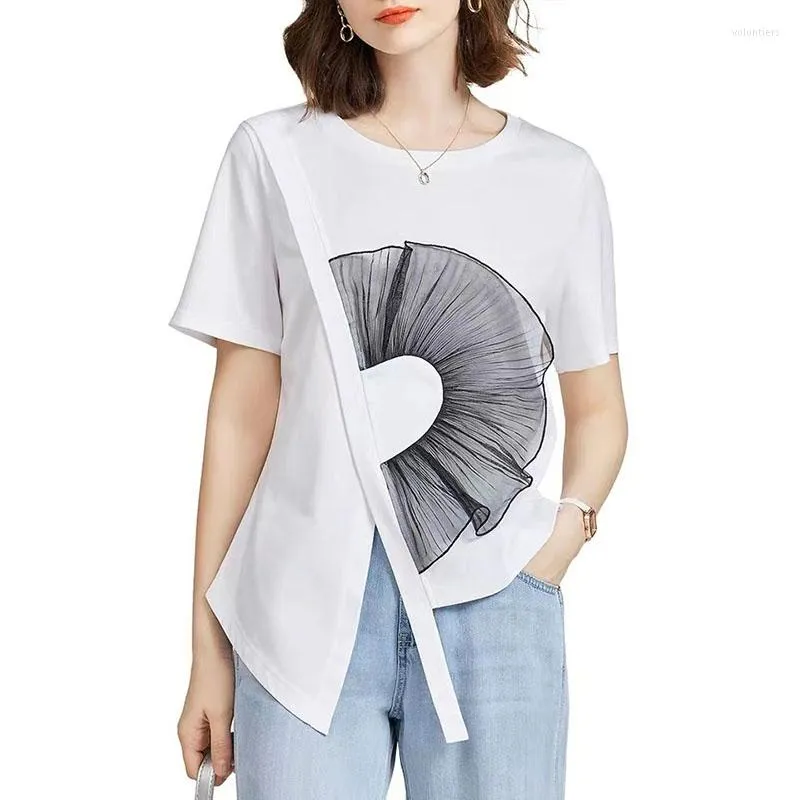 T-shirts pour femmes femmes chemise en coton 2023 été irrégulier renversé col rond à manches courtes fleur à volants Vintage hauts dames conception vêtements