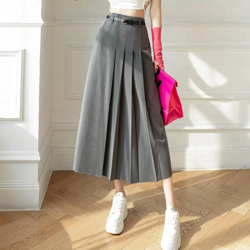 Gray High Waist A Line Pleated Grey Midi Skirt Elegant Office Suit