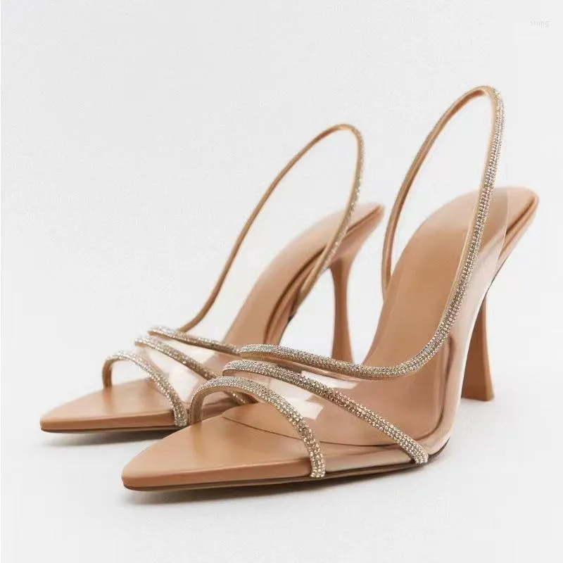 Sandaler Kvinnor High Heel Summer Transparenta klackar lyxiga strassband Slingbacks Kvinnliga Sexiga festbröllopspumpar