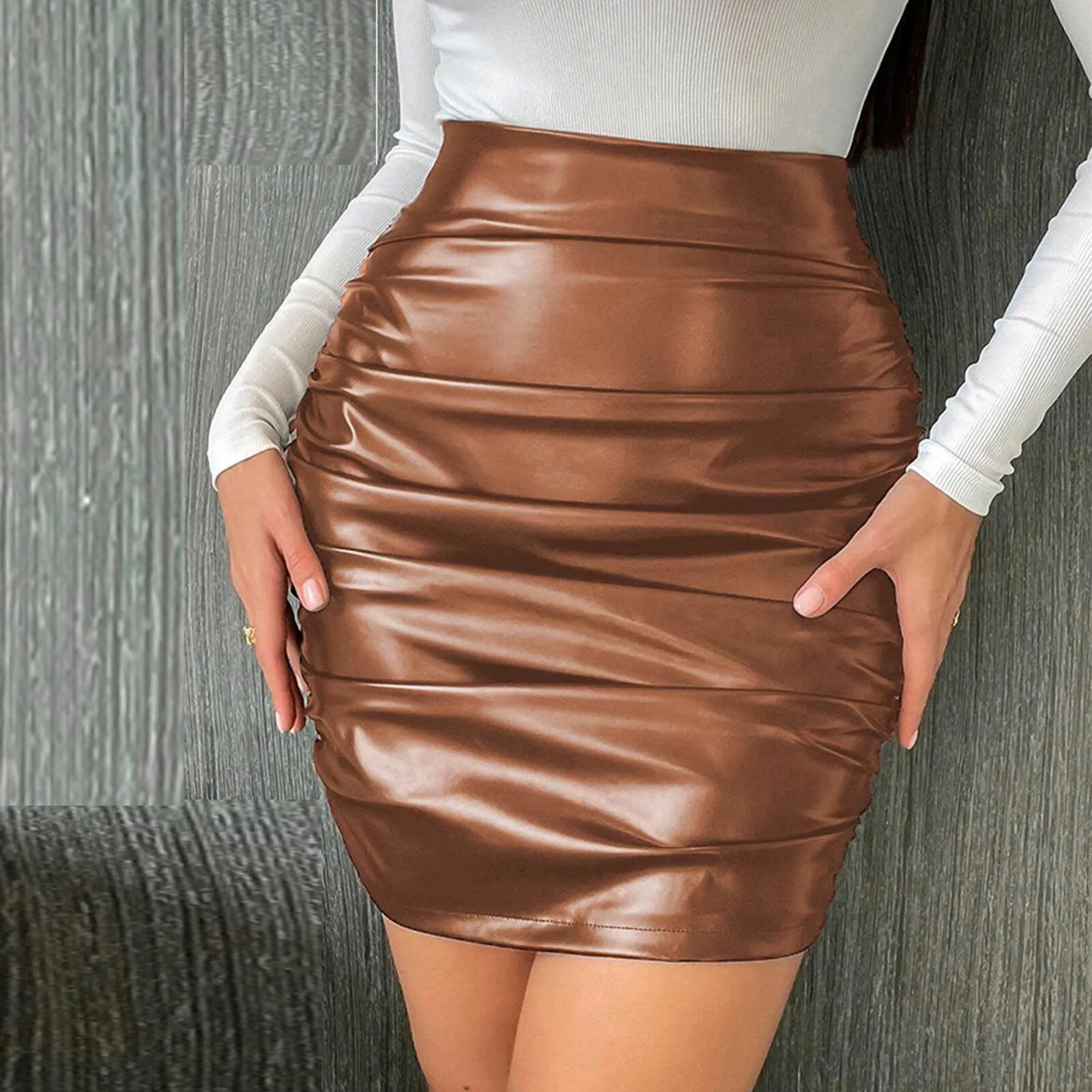 Skirts Bodycon wrapped button sexy short skirt office Ruched Pu leather women's work clothes Jupe summer skiing G220606