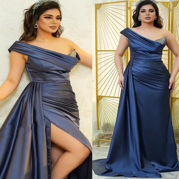 ASO EBI Navy Blue Sheath Prom Dress Pärled Satin Evening Formal Party Second Reception Birthday Bridesmaid Engagement Gowns Dresses Robe de Soiree ZJ361 407