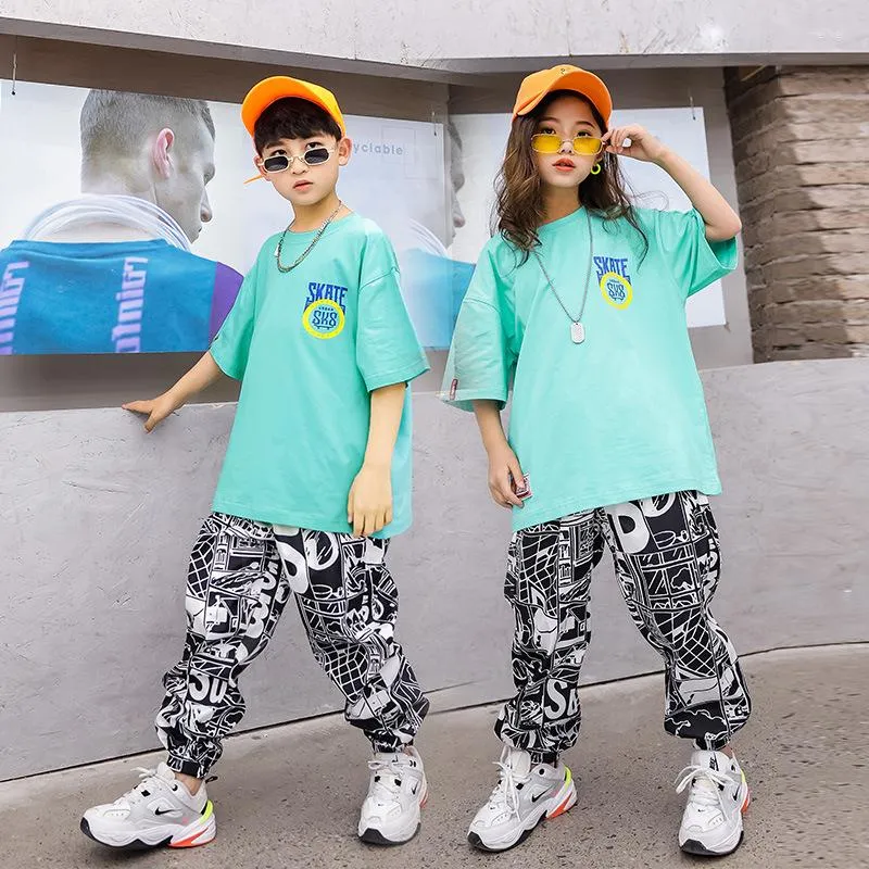 Одежда наборы Kid Hip Hop Green Top Casual Street Letter Jogger брюки для девочки мальчик джазовый танец костюм набор одежды