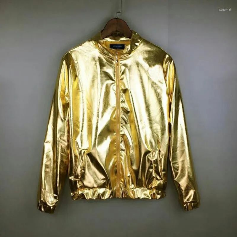 Men's Jackets Shiny Gold Metallic Varsity Coats Men 2023 Spring Nightclub Disco Dance Mens Bomber Jacket Stage Prom Streetwear 3XL