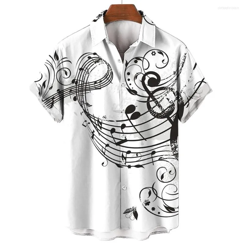 Casual Shirts Mens Shirt 2023 Summer Fashion Hawaiian Short Sleeve Lapel Top Music Symbol Pattern Print Oversized Man Clothes2024