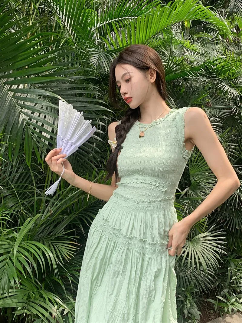 Vestidos Casuales Coreanos De Una Pieza 2023 Vestido De Mujer Chaleco Plisado Suave Tunica Verano Verde Dulce Temperamento Sin Mangas Cintura Longitud Media De 26 72 DHgate