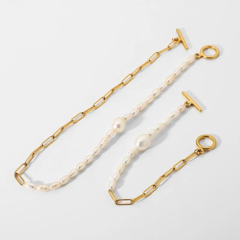 Link-Armbänder 18 Karat vergoldete Edelstahl-Armband-Halskette für Frauen Halbe Süßwasserperlenkette OT-Stick-Schnalle-Choker-Schmuck
