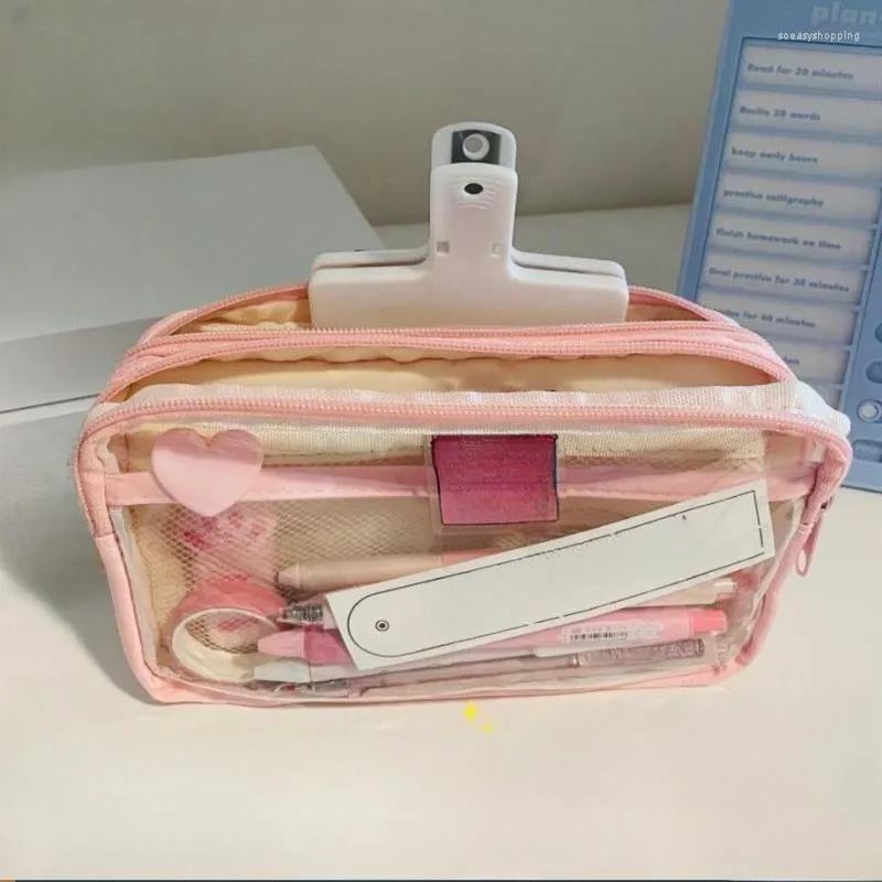 Bolsa de lápis rosa para meninas Estojo de papelaria estético Coreano Transparente Estojo para canetas Bolsa com zíper Material escolar