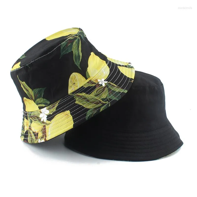 Bérets Automne Deux Couches Seau Cap Femmes Hommes Panama Chapeau Réversible Citron Imprimer Bob Chapeau Hip Hop Gorros Pêcheur