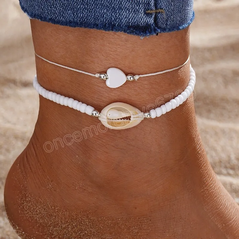 Summer Beach Fabric Anklets for Women White Bead Heart Pendant Charm Rope Anklet Fashion Jewelry Accessories