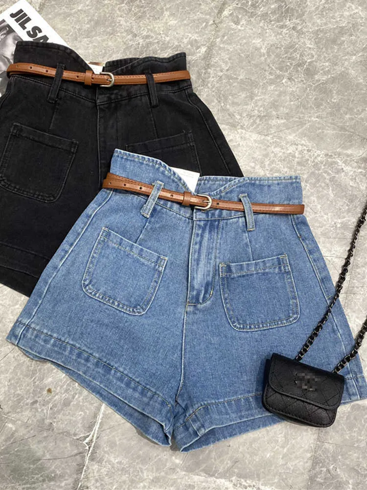 Yuoomuoo Denim Женская дизайнерская дизайнерская передняя карманная джинсы с высокой талией с ремнями повседневные летние шорты P230606