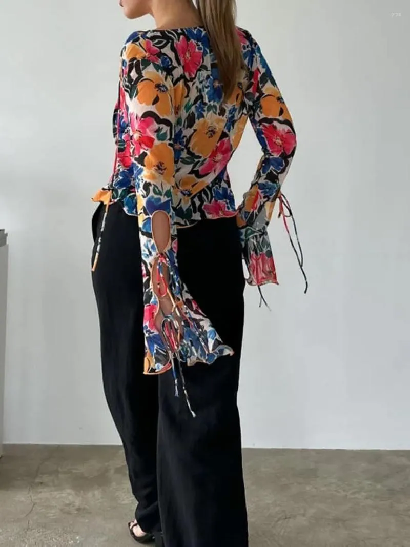Polo da donna Donna Y2k Sheer Ruffle Shirt Mesh See Through Top a maniche lunghe Tie Front Crop Cardigan Vintage Streetwear (Floral Blue L)