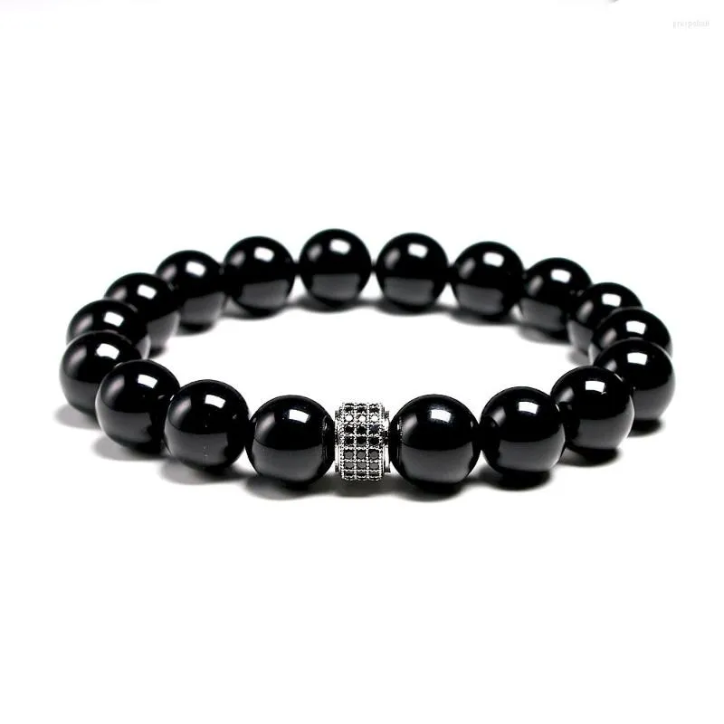 Charm Bracelets Natural Black Onyx Bracelet For Men Classic CZ Tube Spacer Copper Jewelry Gift 10mm Dropship