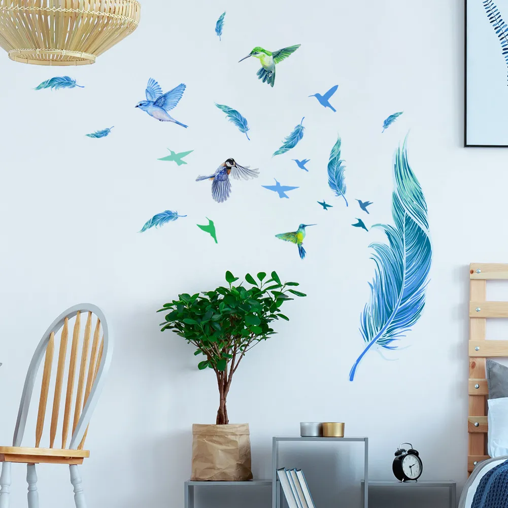 Creative Blue Feather Bird Wall Sticker för sovrum vardagsrummet hem dekoration väggmålning självlim tapet förskönar affisch