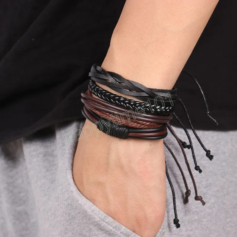 Fashion Men's Hand-woven Multilayer Leather Bracelet Handmade Lace Up Wrist Strap Adjustable Punk Hip-Hop Accessories