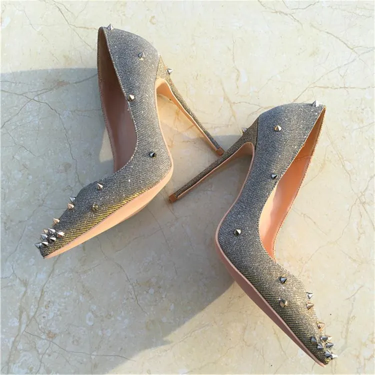 Chaussures habillées Keshangjia marque mode pointu argent à talons hauts exquis Rivet élégant unique 12 cm haut talon dames fête