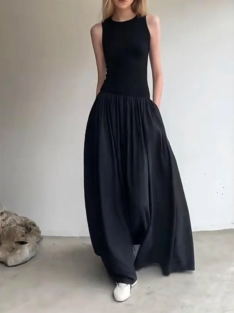 Sporty Black Long TankDress Woman Spring Summer O Neck Floor-length Office Lady Casual Pockets Dresses for Women