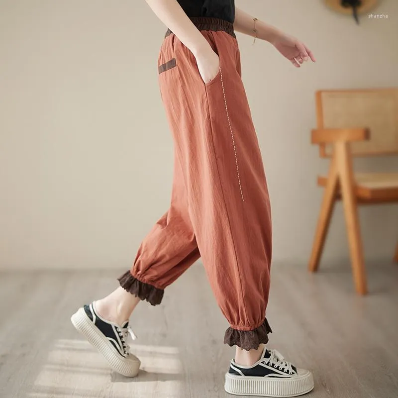 Women's Pants 2023 Arrival Summer Women Lace Patchwork Cotton Linen Ankle-length Casual Loose Elastic Waist Harem V550