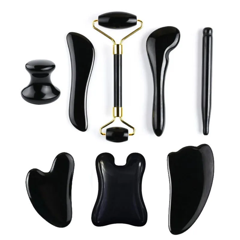 Gesichtsmassagegerät, Naturstein, Guasha-Massage, Gouache-Schaber für Gesicht, Jade-Roller-Massagegerät-Set, schwarzer Obsidian, Gua-Sha-Brett, Hautpflege-Werkzeug 230609