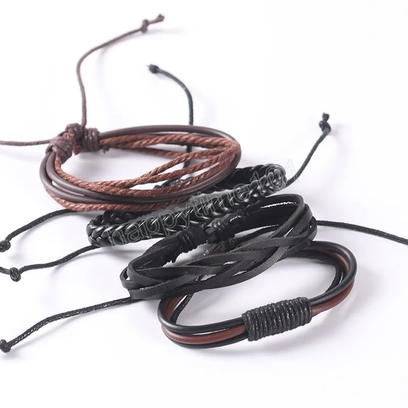 Fashion Men's Hand-woven Multilayer Leather Bracelet Handmade Lace Up Wrist Strap Adjustable Punk Hip-Hop Accessories