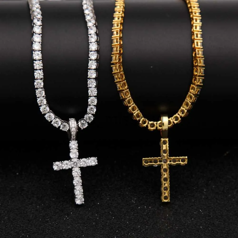 Hanger Kettingen Iced Out Zirkonia Kruis Hanger Met 4mm Tennis Ketting Ketting Set Heren Hiphop Sieraden Goud Zilver CZ Hanger Ketting J230612