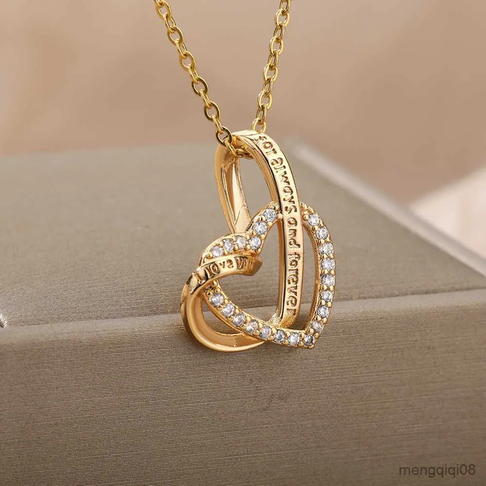 Pendant Necklaces Mothers Day Gift Intertwined Love Double Zircon Heart Necklace For Women Stainless Steel Mom Jewelry Mama Birthday R230612