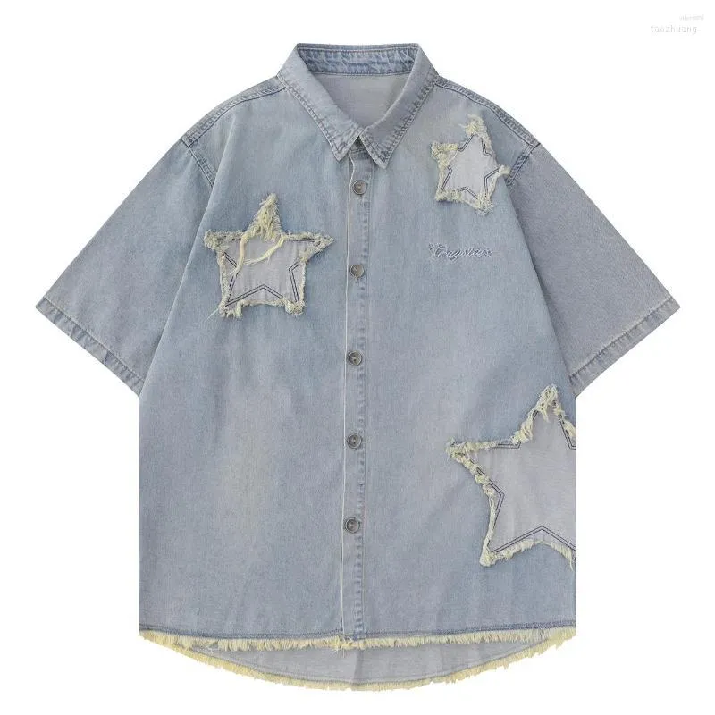 Hommes T-shirts Hommes LACIBLE Fringe Star Patch À Manches Courtes 2023 Mode Denim T-shirt D'été Harajuku Tops T-shirts Streetwear Hommes Femmes