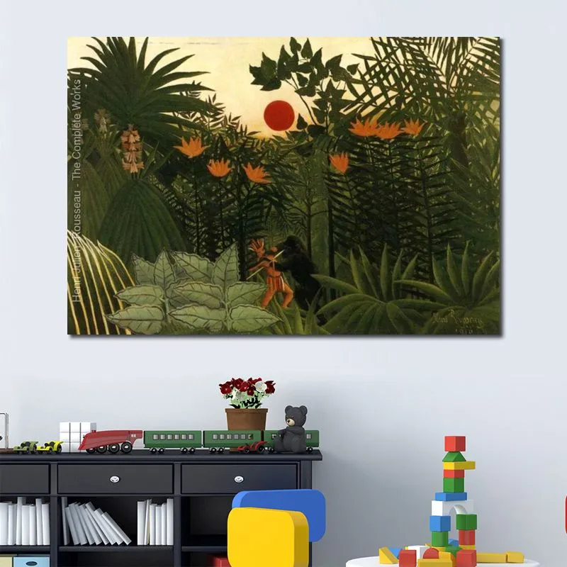 Jungle Animals Canvas Wall Art Ręcznie malowana egzotyczna walka krajobrazu między gorylem Indian Henri Rousseau malowanie wysokiej jakości