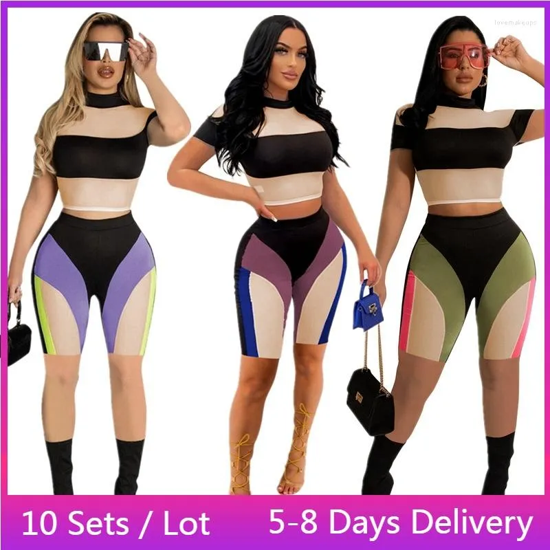 Women's Tracksuits Wholesale Items Sportswear Tracksuit Women Two Piece Set Color Patchwork Mesh Jogging Suits For Crop Top Biker Short